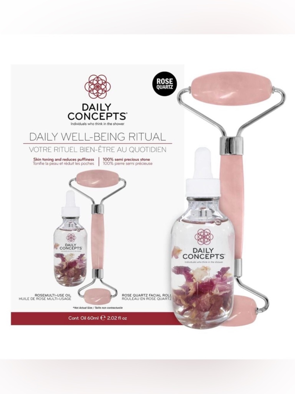 Daily Concepts Rose Quartz Facial Roller and Oil Set Brand New
